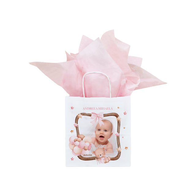 Pungă Hârtie Kraft cu Model Botez Fetiță Teddy Balloon Frame 20 x 21(H) x 10cm