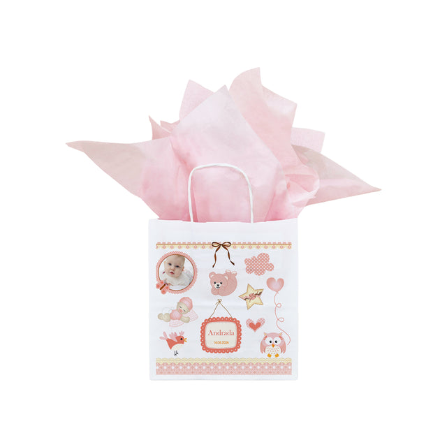 Pungă Hârtie Kraft cu Model Botez Fetiță Teddy Memories 18 x 22(H) x 8 cm