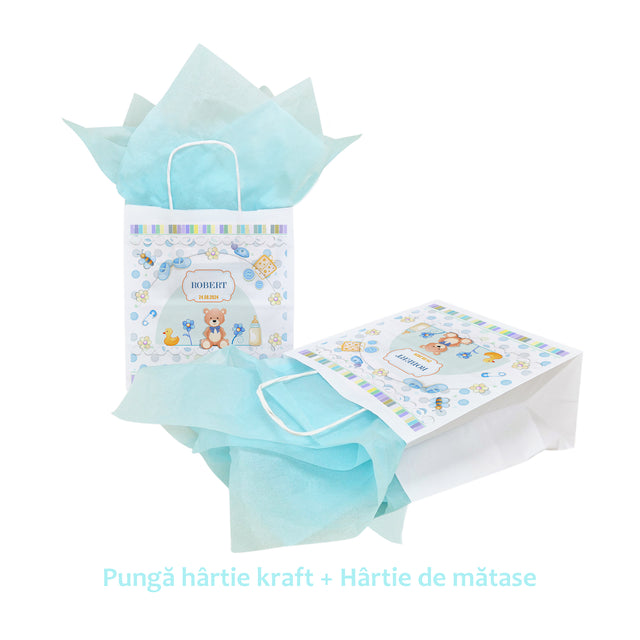 Pungă Hârtie Kraft cu Model Botez Băiețel Sweet Baby Carriage 22 x 31(H) x 10cm