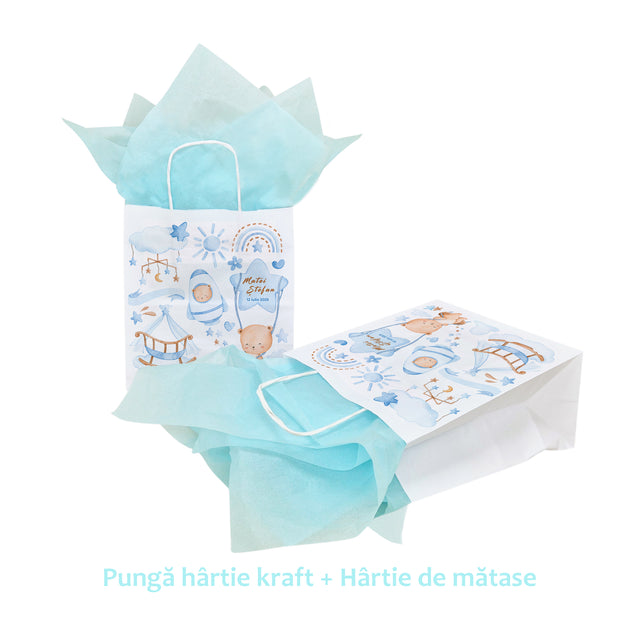 Pungă Hârtie Kraft cu Model Botez Băiețel Sweet Baby Dreams 22 x 31(H) x 10cm