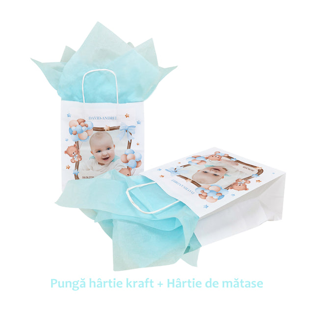 Pungă Hârtie Kraft cu Model Botez Băiețel Teddy Balloon Frame 18 x 22(H) x 8 cm