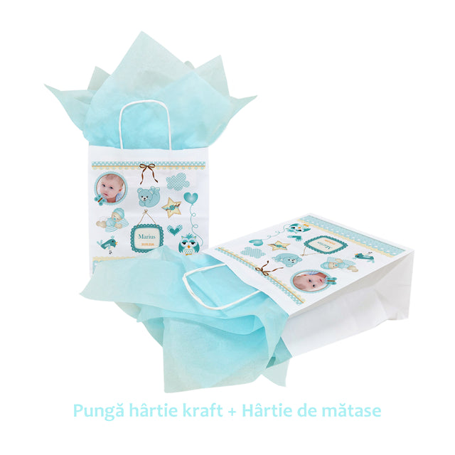 Pungă Hârtie Kraft cu Model Botez Băiețel Teddy Memories 20 x 21(H) x 10cm