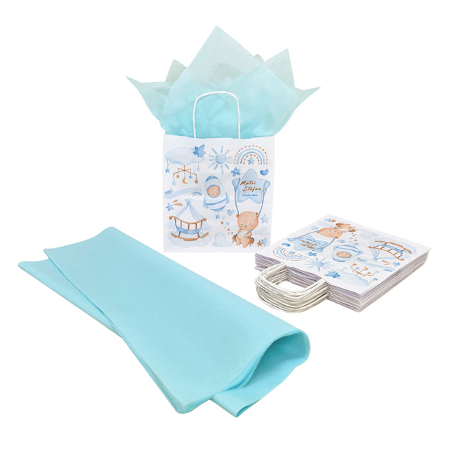 Pungă Hârtie Kraft cu Model Botez Băiețel Sweet Baby Dreams 22 x 31(H) x 10cm