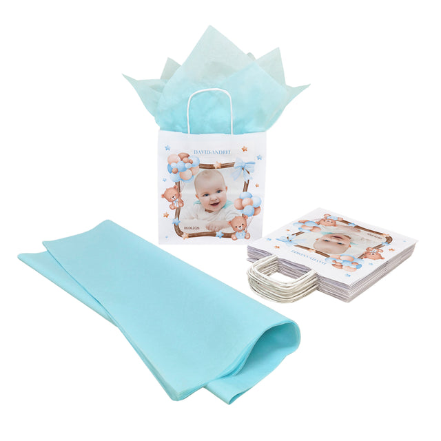 Pungă Hârtie Kraft cu Model Botez Băiețel Teddy Balloon Frame 22 x 31(H) x 10cm