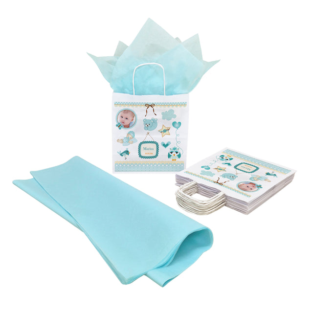 Pungă Hârtie Kraft cu Model Botez Băiețel Teddy Memories 20 x 21(H) x 10cm