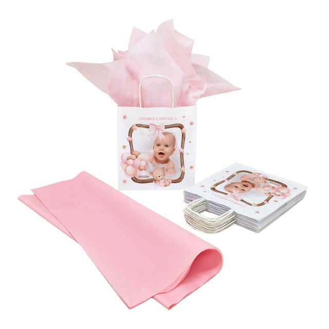 Pungă Hârtie Kraft cu Model Botez Fetiță Teddy Balloon Frame 18 x 22(H) x 8 cm