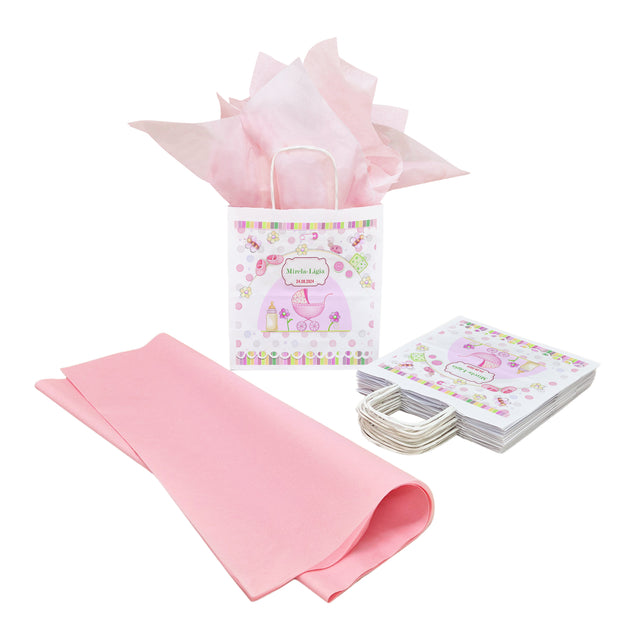 Pungă Hârtie Kraft cu Model Botez Fetiță Sweet Baby Carriage 22 x 31(H) x 10cm