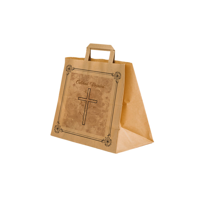 Pungă hârtie kraft NATUR pentru parastas, pomană, înmormântare „Grădina Cerului” Odihnă Veşnică – mânere plate – 26 x 25(H) x 17 cm
