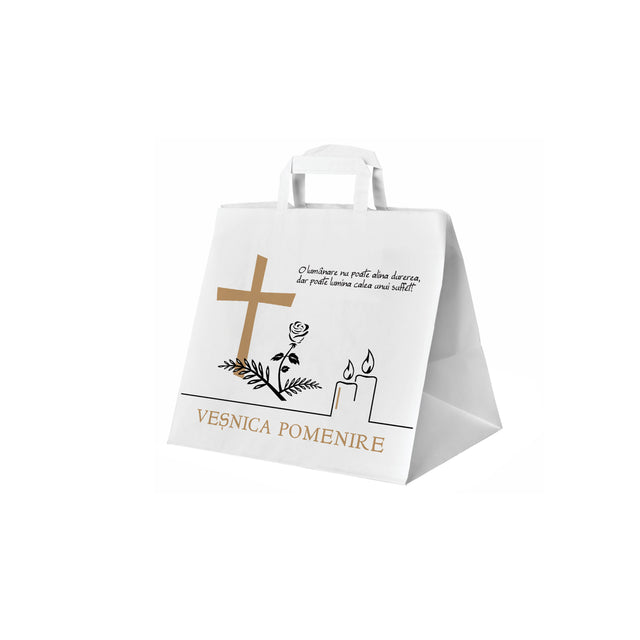 Pungă hârtie kraft ALB pentru parastas, pomană, înmormântare „Lumânare şi Trandafir” Veşnică Pomenire – mânere plate – 26 x 25(H) x 17 cm