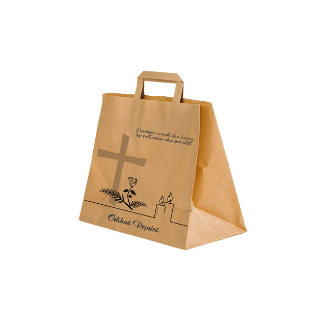 Pungă hârtie kraft NATUR pentru parastas, pomană, înmormântare „Lumânare şi Trandafir” Odihnă Veşnică – mânere plate – 26 x 25(H) x 17 cm