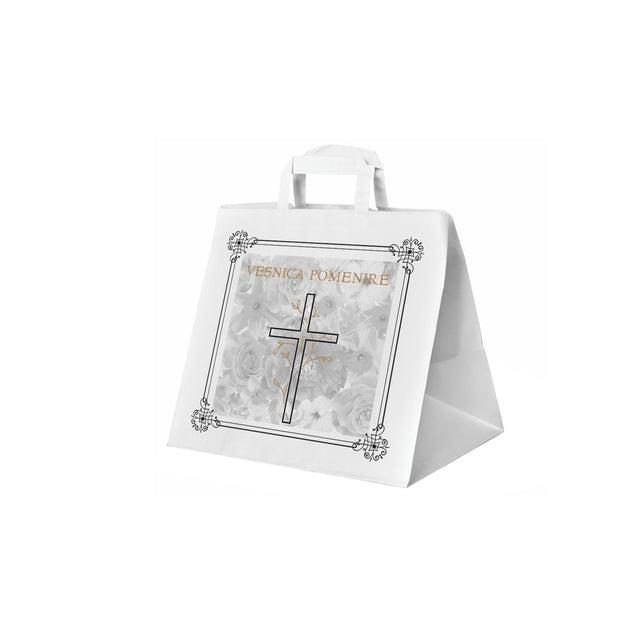 Pungă hârtie kraft ALB pentru parastas, pomană, înmormântare „Grădina Cerului” Veşnică Pomenire – mânere plate – 26 x 25(H) x 17 cm