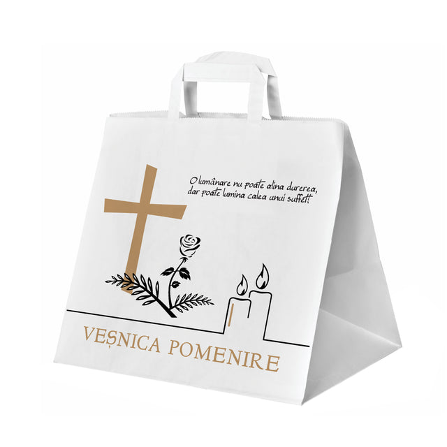 Pungă hârtie kraft ALB pentru parastas, pomană, înmormântare „Lumânare şi Trandafir” Veşnică Pomenire – mânere plate – 32 x 27(H) x 21 cm