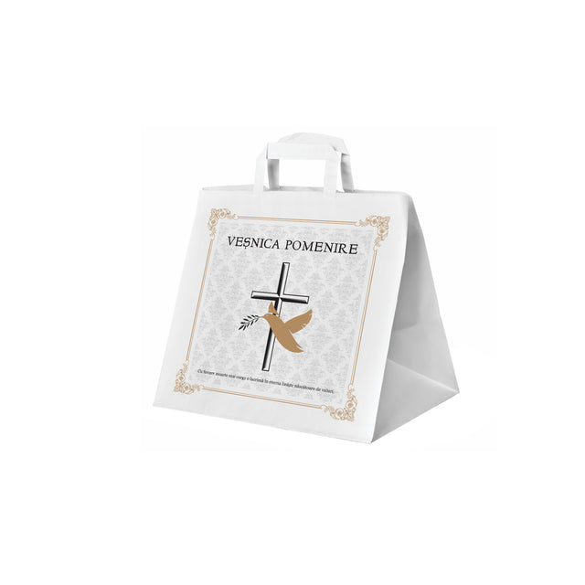 Pungă hârtie kraft ALB pentru parastas, pomană, înmormântare „Porumbel Auriu” Veşnică Pomenire – mânere plate – 26 x 25(H) x 17 cm