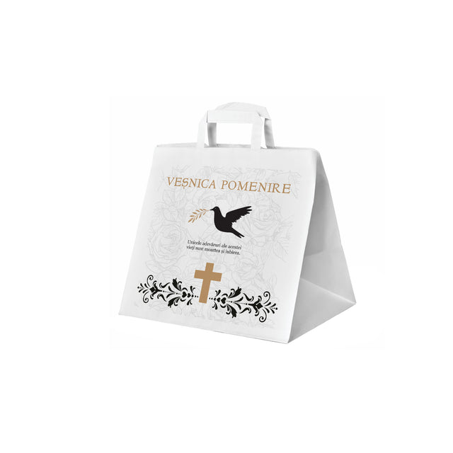 Pungă hârtie kraft ALB pentru parastas, pomană, înmormântare „Porumbel cu Trandafiri” Veşnică Pomenire – mânere plate – 26 x 25(H) x 17 cm