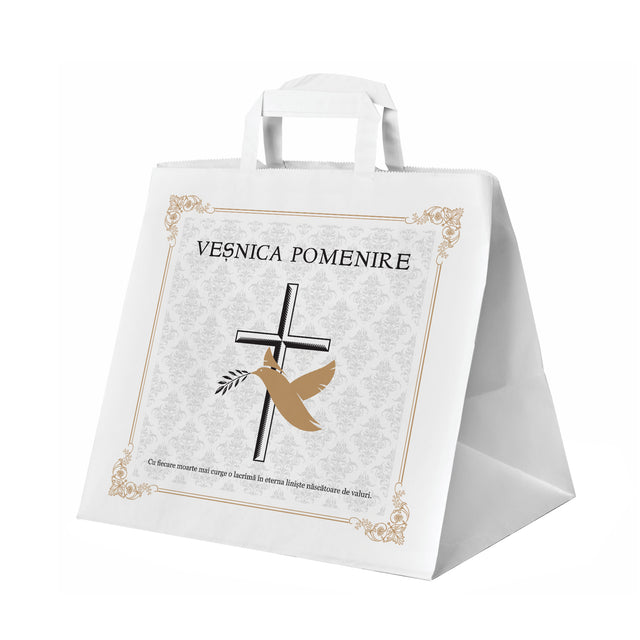 Pungă hârtie kraft ALB pentru parastas, pomană, înmormântare „Porumbel Auriu” Veşnică Pomenire – mânere plate – 32 x 27(H) x 21 cm
