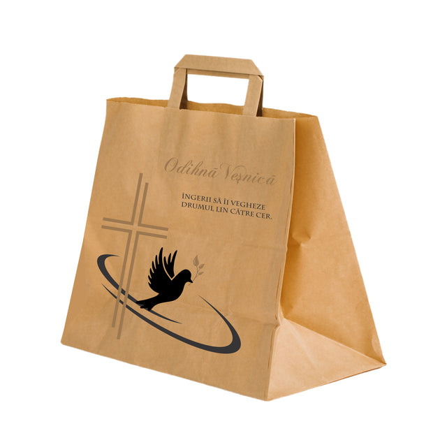 Pungă hârtie kraft NATUR pentru parastas, pomană, înmormântare „Drumul Spre Cer” Odihnă Veşnică – mânere plate – 32 x 27(H) x 21 cm