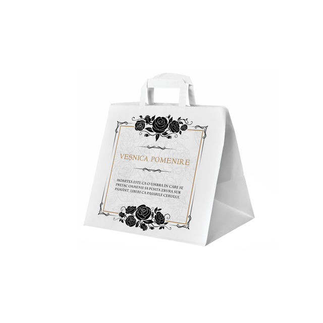 Pungă hârtie kraft ALB pentru parastas, pomană, înmormântare „Trandafiri Negri” Veşnică Pomenire – mânere plate – 26 x 25(H) x 17 cm