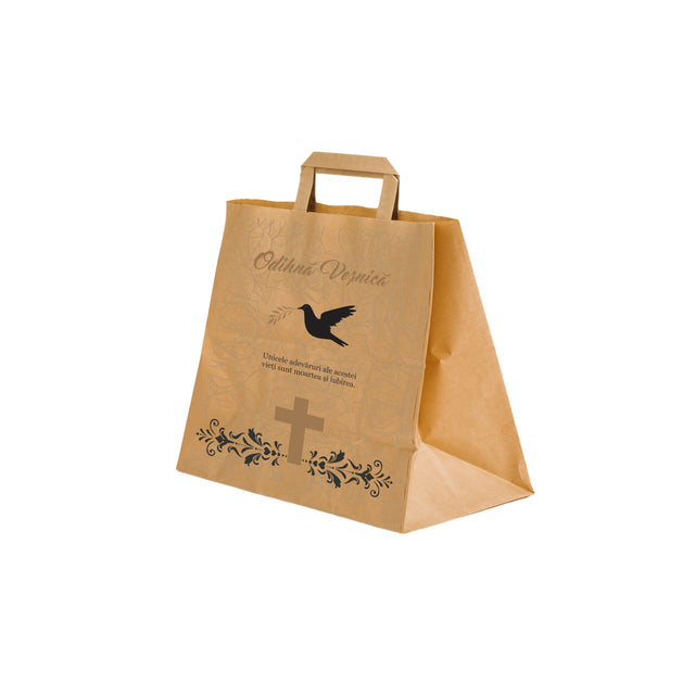 Pungă hârtie kraft NATUR pentru parastas, pomană, înmormântare „Porumbel cu Trandafiri” Odihnă Veşnică – mânere plate – 26 x 25(H) x 17 cm