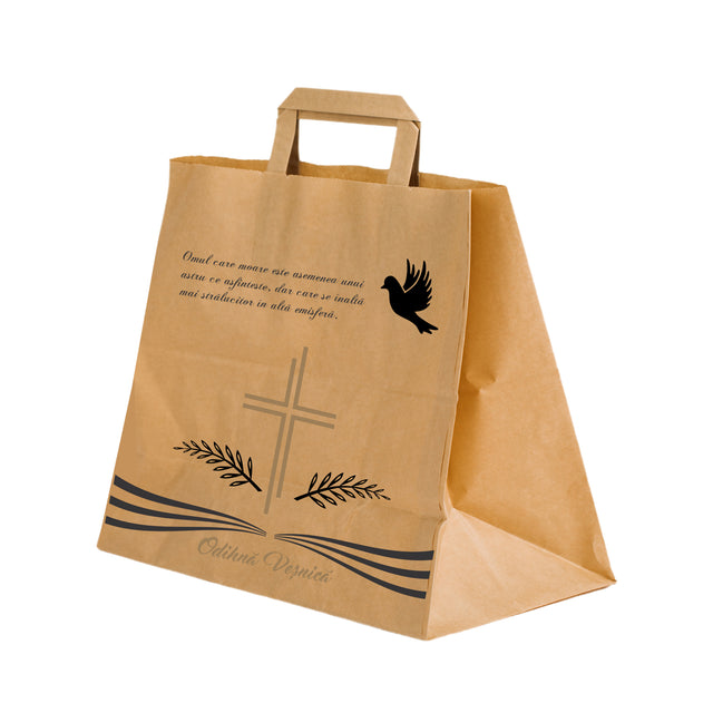 Pungă hârtie kraft NATUR pentru parastas, pomană, înmormântare „Porumbel Ceresc” Odihnă Veşnică – mânere plate – 32 x 27(H) x 21 cm
