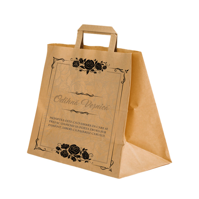 Pungă hârtie kraft NATUR pentru parastas, pomană, înmormântare „Trandafiri Negri” Odihnă Veşnică – mânere plate – 32 x 27(H) x 21 cm