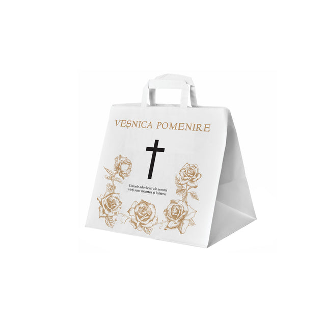 Pungă hârtie kraft ALB pentru parastas, pomană, înmormântare „Trandafirii Aurii” Veşnică Pomenire – mânere plate – 26 x 25(H) x 17 cm