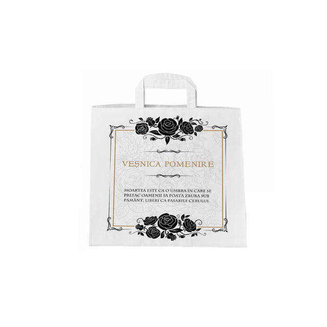 Pungă hârtie kraft ALB pentru parastas, pomană, înmormântare „Trandafiri Negri” Veşnică Pomenire – mânere plate – 26 x 25(H) x 17 cm