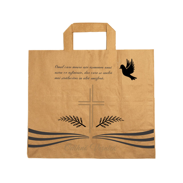 Pungă hârtie kraft NATUR pentru parastas, pomană, înmormântare „Porumbel Ceresc” Odihnă Veşnică – mânere plate – 32 x 27(H) x 21 cm