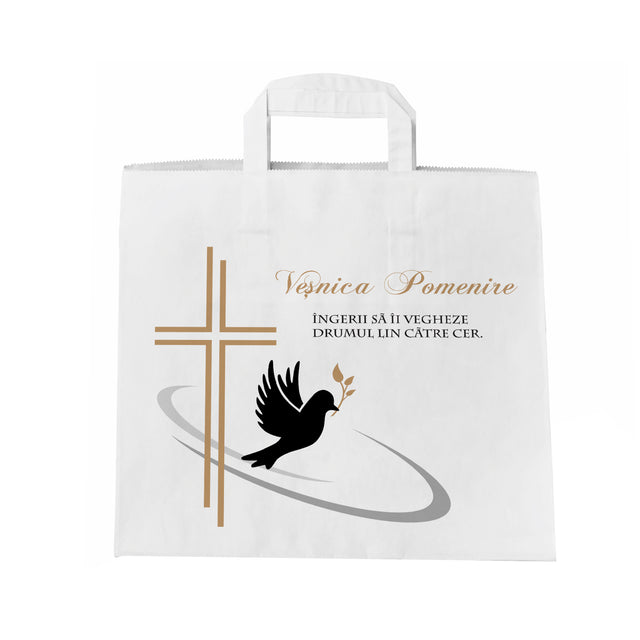 Pungă hârtie kraft ALB pentru parastas, pomană, înmormântare „Drumul Spre Cer” Veşnică Pomenire – mânere plate – 32 x 27(H) x 21 cm