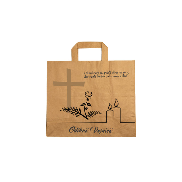 Pungă hârtie kraft NATUR pentru parastas, pomană, înmormântare „Lumânare şi Trandafir” Odihnă Veşnică – mânere plate – 26 x 25(H) x 17 cm