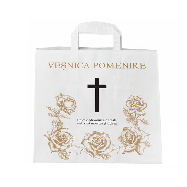 Pungă hârtie kraft ALB pentru parastas, pomană, înmormântare „Trandafirii Aurii” Veşnică Pomenire – mânere plate – 32 x 27(H) x 21 cm