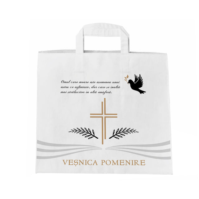 Pungă hârtie kraft ALB pentru parastas, pomană, înmormântare „Porumbel Ceresc” Veşnică Pomenire – mânere plate – 32 x 27(H) x 21 cm