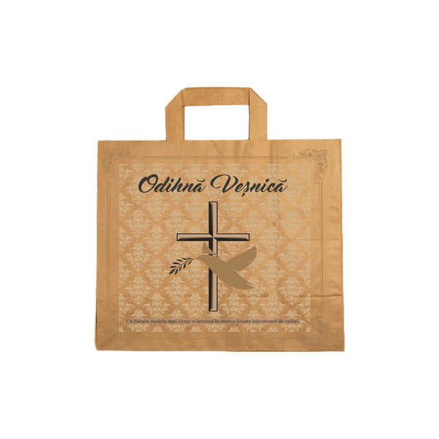 Pungă hârtie kraft NATUR pentru parastas, pomană, înmormântare „Porumbel Auriu” Odihnă Veşnică – mânere plate – 32 x 27(H) x 21 cm