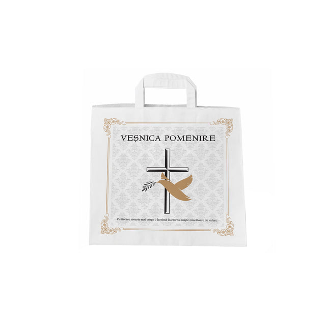 Pungă hârtie kraft ALB pentru parastas, pomană, înmormântare „Porumbel Auriu” Veşnică Pomenire – mânere plate – 26 x 25(H) x 17 cm