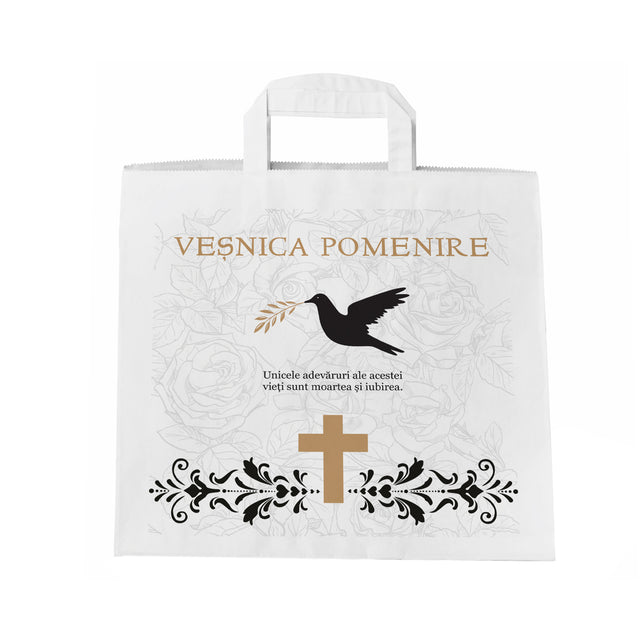 Pungă hârtie kraft ALB pentru parastas, pomană, înmormântare „Porumbel cu Trandafiri” Veşnică Pomenire – mânere plate – 32 x 27(H) x 21 cm