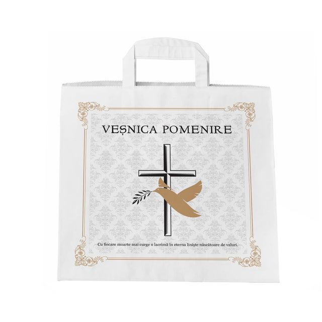Pungă hârtie kraft ALB pentru parastas, pomană, înmormântare „Porumbel Auriu” Veşnică Pomenire – mânere plate – 32 x 27(H) x 21 cm
