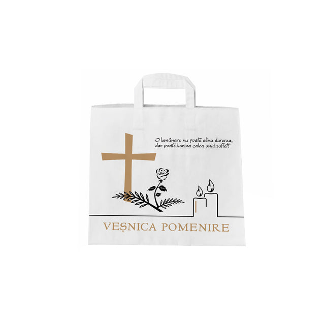 Pungă hârtie kraft ALB pentru parastas, pomană, înmormântare „Lumânare şi Trandafir” Veşnică Pomenire – mânere plate – 26 x 25(H) x 17 cm