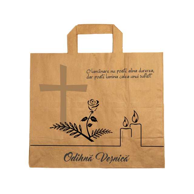 Pungă hârtie kraft NATUR pentru parastas, pomană, înmormântare „Lumânare şi Trandafir” Odihnă Veşnică – mânere plate – 32 x 27(H) x 21 cm