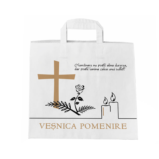 Pungă hârtie kraft ALB pentru parastas, pomană, înmormântare „Lumânare şi Trandafir” Veşnică Pomenire – mânere plate – 32 x 27(H) x 21 cm