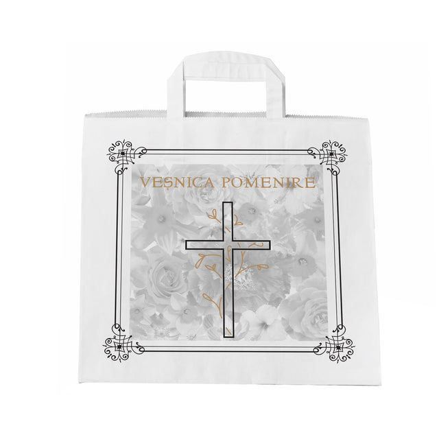 Pungă hârtie kraft ALB pentru parastas, pomană, înmormântare „Grădina Cerului” Veşnică Pomenire – mânere plate – 32 x 27(H) x 21 cm