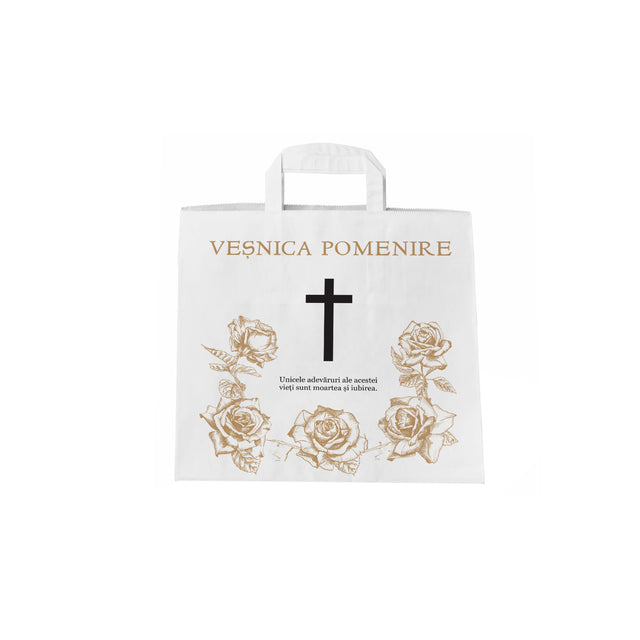 Pungă hârtie kraft ALB pentru parastas, pomană, înmormântare „Trandafirii Aurii” Veşnică Pomenire – mânere plate – 26 x 25(H) x 17 cm
