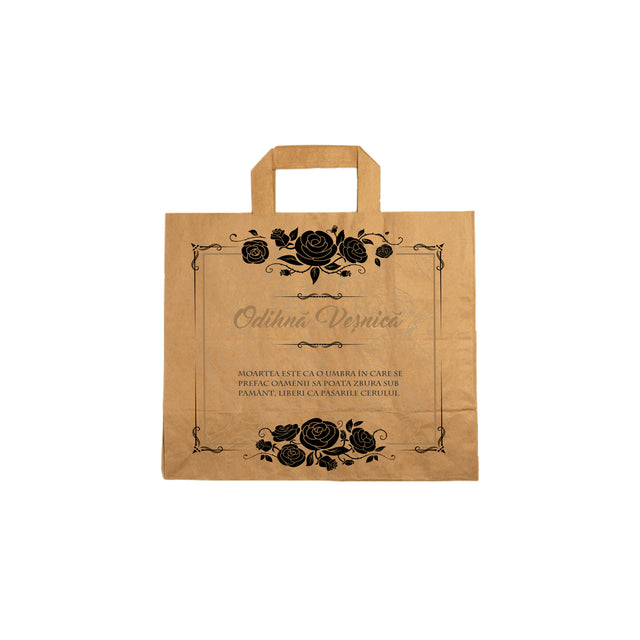 Pungă hârtie kraft NATUR pentru parastas, pomană, înmormântare „Trandafiri Negri” Odihnă Veşnică – mânere plate – 26 x 25(H) x 17 cm