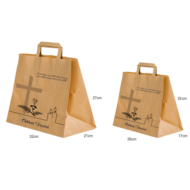 Pungă hârtie kraft NATUR pentru parastas, pomană, înmormântare „Lumânare şi Trandafir” Odihnă Veşnică – mânere plate – 26 x 25(H) x 17 cm