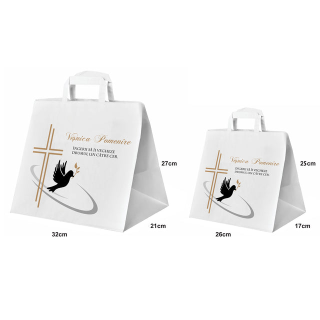 Pungă hârtie kraft ALB pentru parastas, pomană, înmormântare „Drumul Spre Cer” Veşnică Pomenire – mânere plate – 26 x 25(H) x 17 cm