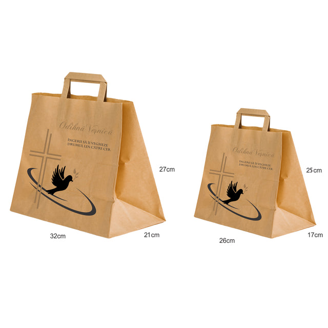 Pungă hârtie kraft NATUR pentru parastas, pomană, înmormântare „Drumul Spre Cer” Odihnă Veşnică – mânere plate – 32 x 27(H) x 21 cm