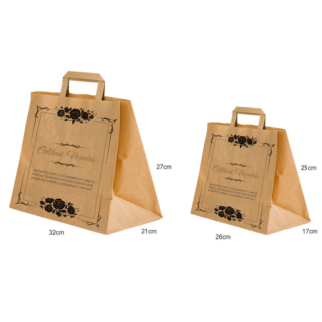 Pungă hârtie kraft NATUR pentru parastas, pomană, înmormântare „Trandafiri Negri” Odihnă Veşnică – mânere plate – 32 x 27(H) x 21 cm