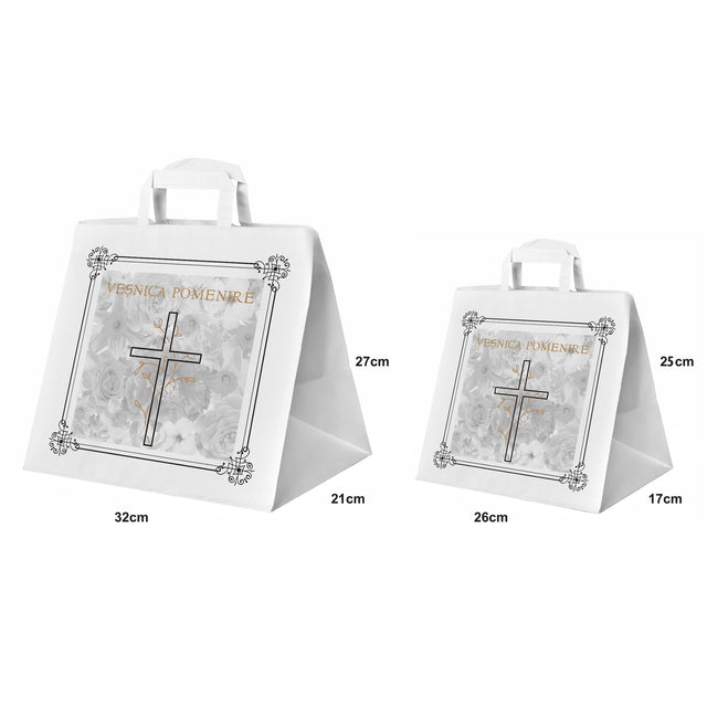 Pungă hârtie kraft ALB pentru parastas, pomană, înmormântare „Grădina Cerului” Veşnică Pomenire – mânere plate – 32 x 27(H) x 21 cm