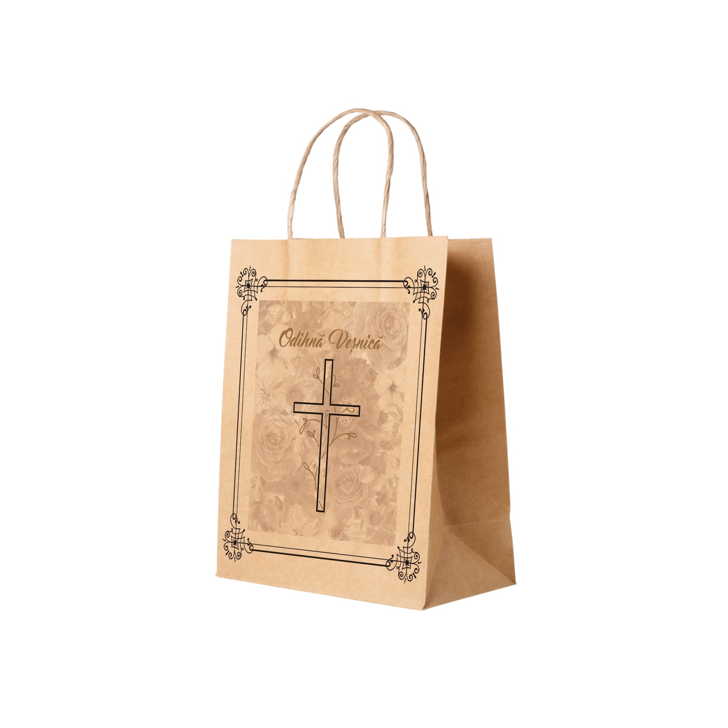 Pungă hârtie kraft NATUR pentru parastas, pomană, înmormântare „Grădina Cerului” Odihnă Veşnică – mânere răsucite – 22 x 31(H) x 10 cm