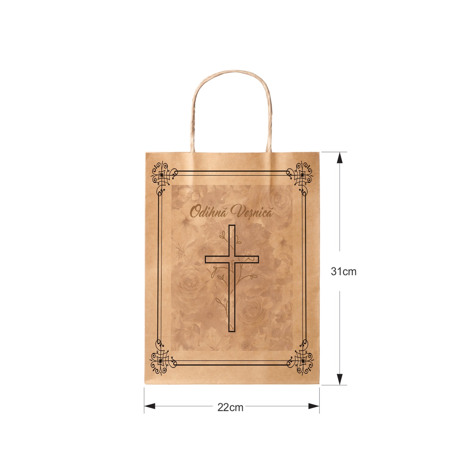 Pungă hârtie kraft NATUR pentru parastas, pomană, înmormântare „Grădina Cerului” Odihnă Veşnică – mânere răsucite – 22 x 31(H) x 10 cm