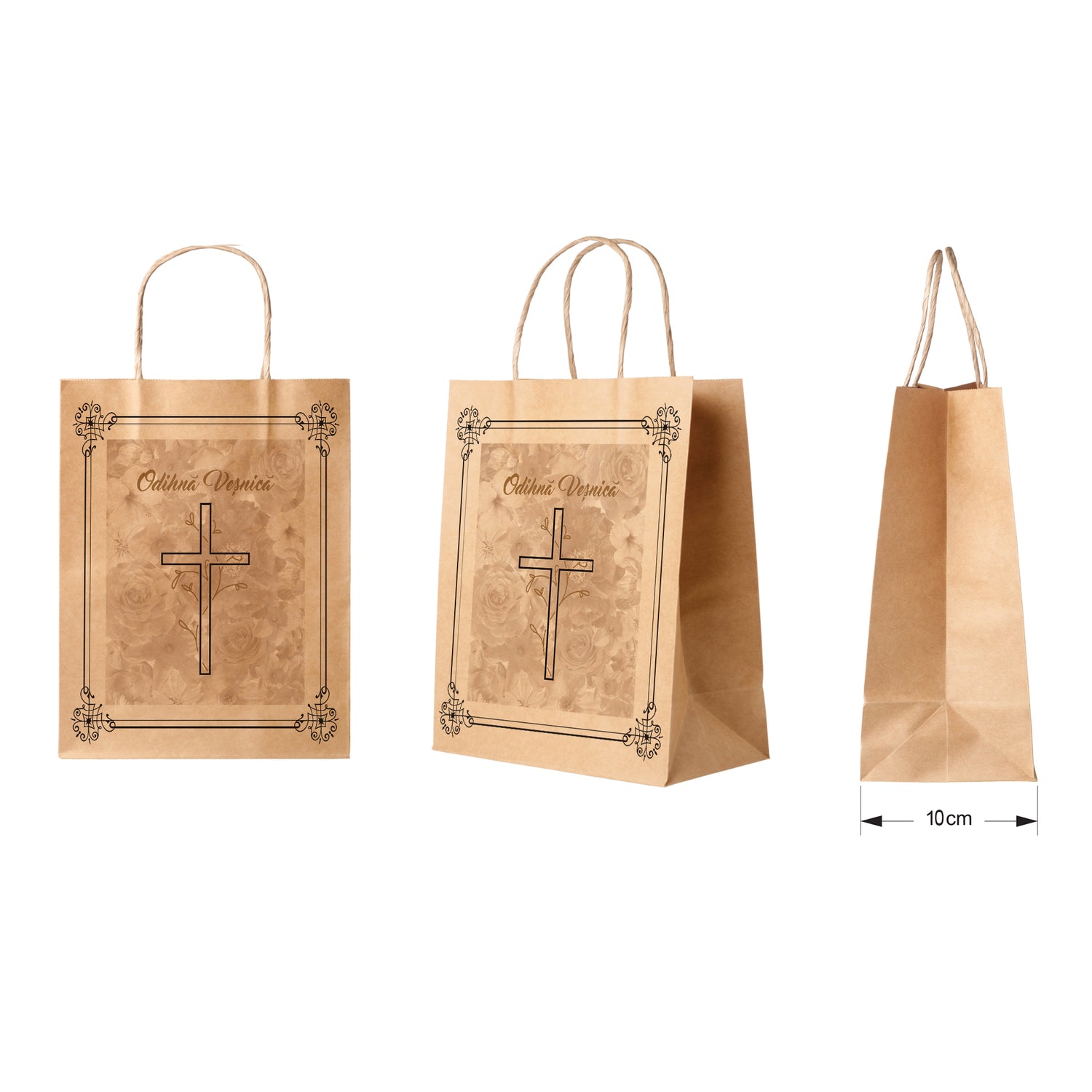 Pungă hârtie kraft NATUR pentru parastas, pomană, înmormântare „Grădina Cerului” Odihnă Veşnică – mânere răsucite – 22 x 31(H) x 10 cm