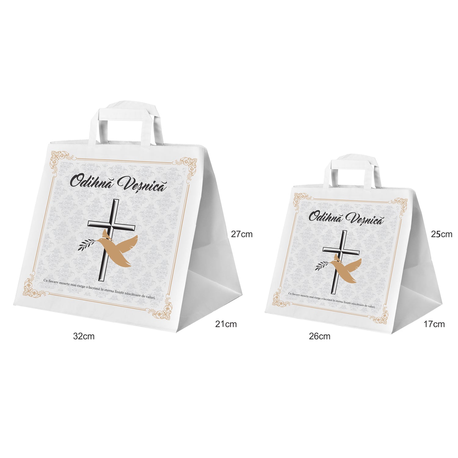 Pungă hârtie kraft ALB pentru parastas, pomană, înmormântare „Porumbel Auriu” Odihnă Veşnică – mânere plate – 26 x 25(H) x 17 cm
